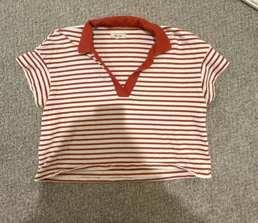 Madewell Red and White Striped Cropped Polo Top